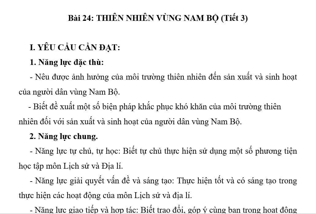 Giáo án Bài 24: Thiên nhiên vùng Nam Bộ - SGK Lịch sử và Địa lí lớp 4 Kết nối tri thức